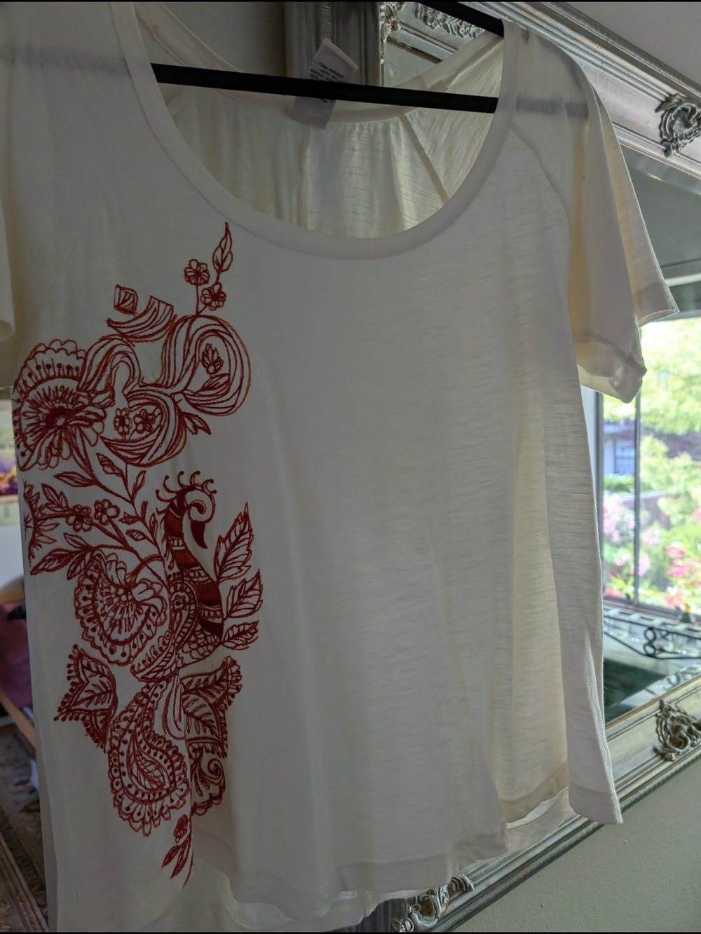 Lucky Brand Beige Scoop Tee with Burnt Orange Embroidered Paisley Side Print